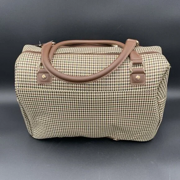 London Fog Oxford III Olive Houndstooth Carry On Duffel Bag Leather Trim 16" - Picture 3 of 8